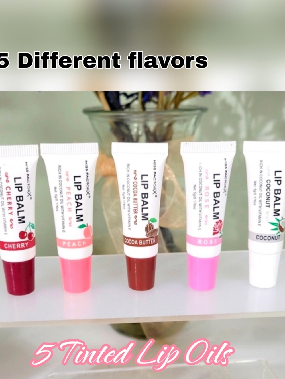 5pc Lip Gloss Balm Set - Cherry, Peach, Cocoa Butter, Rose, Coconut - Picture 3 of 3